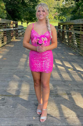 Misshow Sparkly Spaghetti Straps Fuchsia Tight Short Homecoming Dress/Mini Dress with Lace